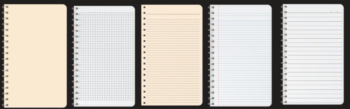 notebook torn sheets set of grid paper with binder along the margin. Graph paper sheet texture vertical backgrounds set. Off white, light beige, pages vector illustration
