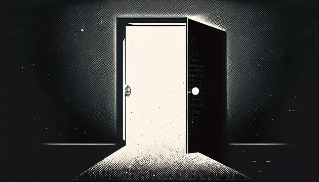 gritty halftone doorway like a weathered trapdoor open panel shows only white ghost door or shadow portal heavy grain evokes vintage screenprint