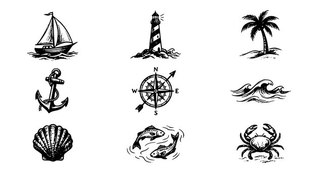 Nautical coastal elements vector set with charcoal chalk style lighthouse sailboat shapes and creative ink summer icons