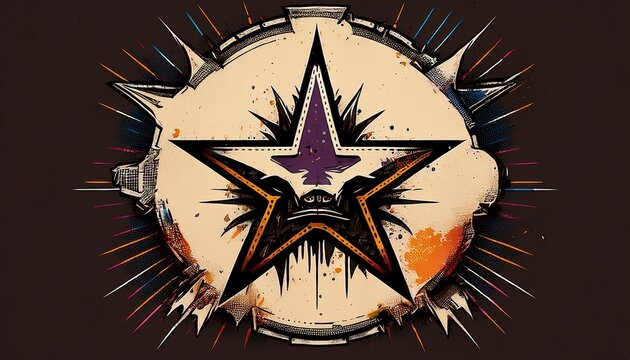 rugged star punk badger or lstreet stencilr made with halftone splatters torn edges ideal for edgy branding protest art zines where raw impact polish