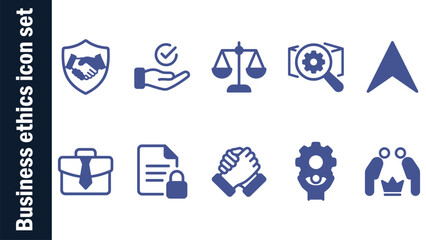Fototapeta premium Business ethics icon set. Containing compliance, integrity, responsibility, trust, law, justice, honesty, leadership, transparency, fairness, morality and more. Solid vector icons collection. 