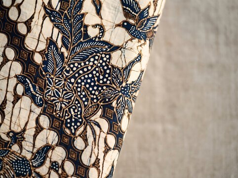 Traditional Indonesian Batik Fabric with Blue Bird and Floral Pattern