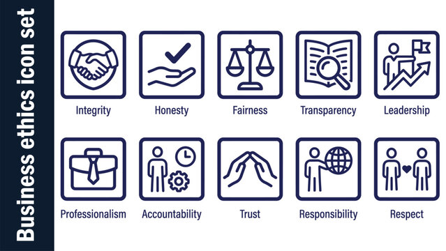 Business ethics icon set. Containing compliance, integrity, responsibility, trust, law, justice, honesty, leadership, transparency, fairness, morality and more. Solid vector icons collection.
