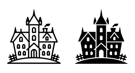 Fototapeta premium Spooky Haunted Mansion Icons, Gothic Castle Vector Graphics, Creepy House Illustrations, Halloween Building Art