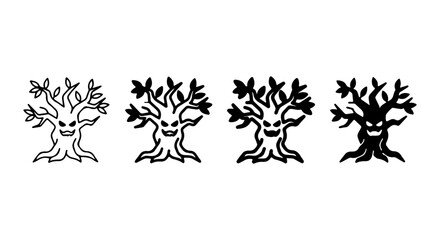 Spooky Halloween Tree Icons, Scary Face Forest Elements, Eerie Autumn Nature Graphics, Vector Set © Forida