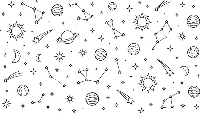Whimsical Space Pattern with Planets and Stars.