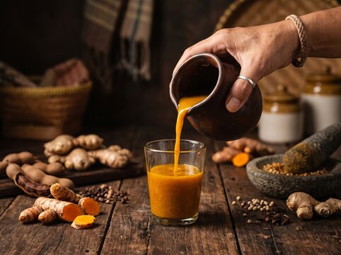 Traditional Jamu Turmeric Tonic Poured into Glass on a Rustic Wood Table