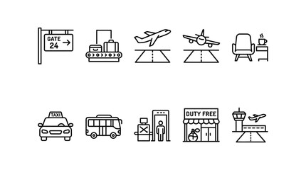 Fototapeta premium Set of airport icons, including gate, baggage claim, airplane takeoff, landing, lounge, taxi, bus, security, duty free