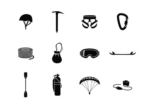 Black silhouettes of various adventure sports equipment and gear on transparent background
