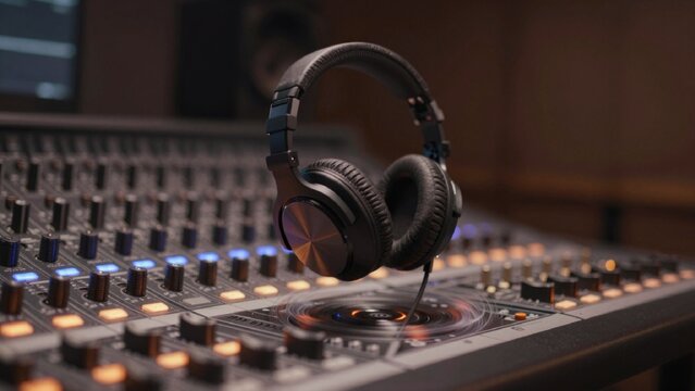 Pair black headphones resting top sound mixer recording studio has multiple knobs buttons adjusting volume oth