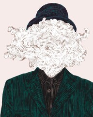Illustration of Surreal Faceless Portrait with Flowing White Hair and Bowler Hat © fran_kie