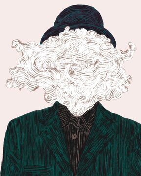 Illustration of Surreal Faceless Portrait with Flowing White Hair and Bowler Hat