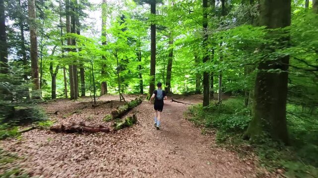 A solo trail runner follows a natural forest trail beneath a green canopy in Switzerland. Peaceful outdoor scenery highlighting fitness, adventure, and the enjoyment of nature.
