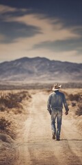 Naklejka premium Solitary man in cowboy attire walking down a dusty desert road toward distant mountains under a soft evening sky with vast open horizons