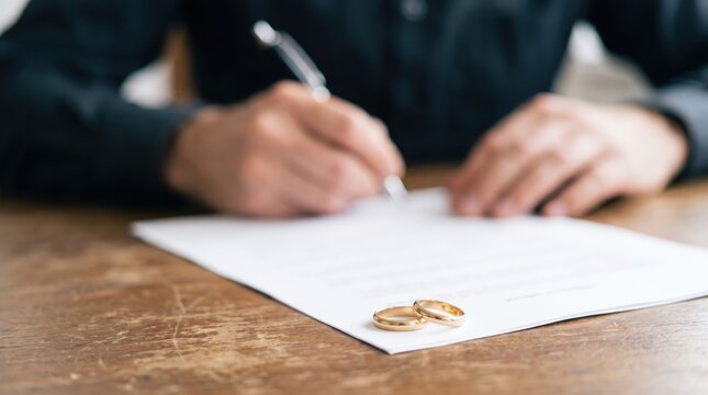 Divorce Agreement Signing Concept: Close-up of Legal Separation Contract, Hand with Pen Executing Final Marital Dissolution Documents, and Gold Wedding Rings on Desk Signifying Emotional Endings