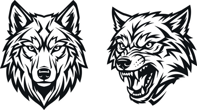 Black and White Wolf Head Vector Mascot Set Featuring Calm and Snarling Angry Expressions