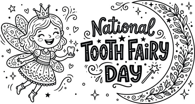 National tooth fairy day illustration whimsical fairy with tooth stars and crescent moon design