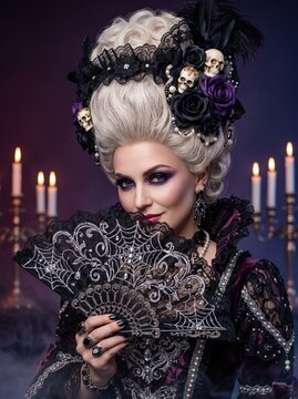 Woman in dark gothic baroque costume with blonde wig decorated with black roses and skulls, heavy purple smoky makeup, holding black lace spiderweb fan against purple background.