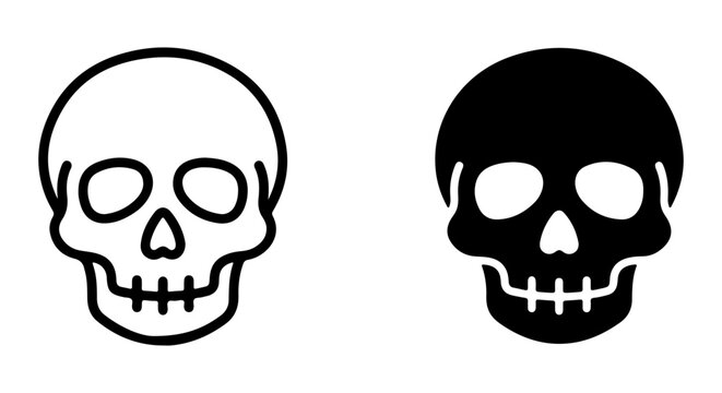 Simple Skull Icons, Black and White Vector Graphics, Human Head Skeleton Symbols