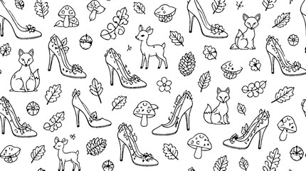 Fototapeta premium Whimsical line art of shoes animals and nature elements.