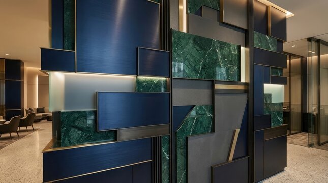 Modern office interior design with geometric wall paneling and marble accents