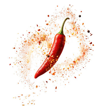 Red chili pepper exploding with spices during a dynamic food preparation shot