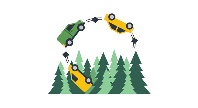 Colorful cars performing loop stunts over forest trees.
