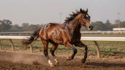 Obraz premium Brown horse galloping dirt track wearing bridle appears motion mane tail flowing behind gallops surrounded whi
