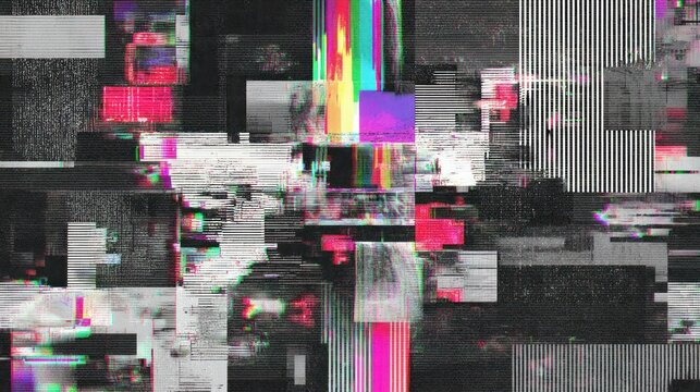 Abstract digital data glitch effect with pixelated blocks and vibrant color streaks