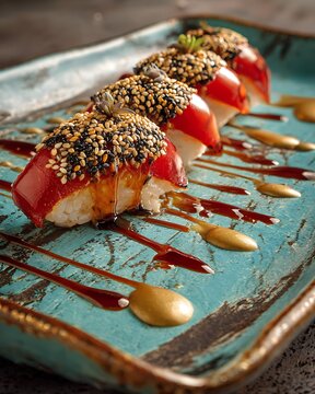 Gourmet presentation of tako nigiri topped with sesame seeds and a light yuzu glaze, ceramic plate with artistic sauce drizzle