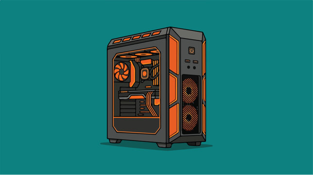 Gaming computer tower with orange lighting and glass side panel.