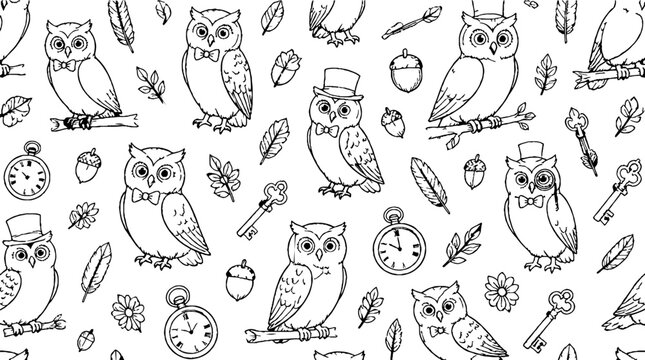Whimsical Owl and Clock Pattern Illustration.