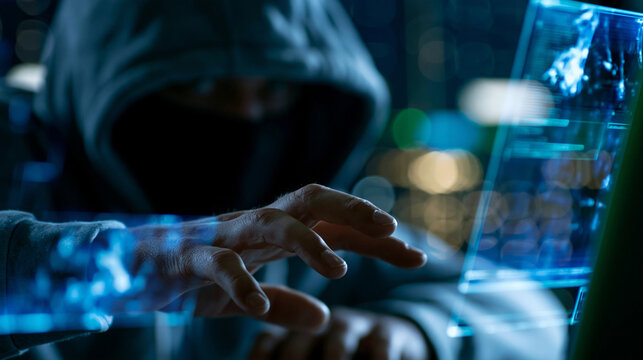 A faceless cyber criminal shrouded in a dark hood interacting with virtual holographic screens, a high-tech dark server environment with blurred background bokeh lights, stark neon
