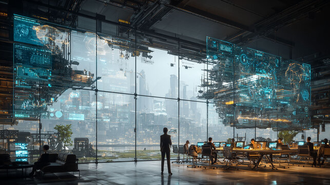 未来都市を望む先進的なオフィスでホログラム情報を共有するチームミーティングの風景