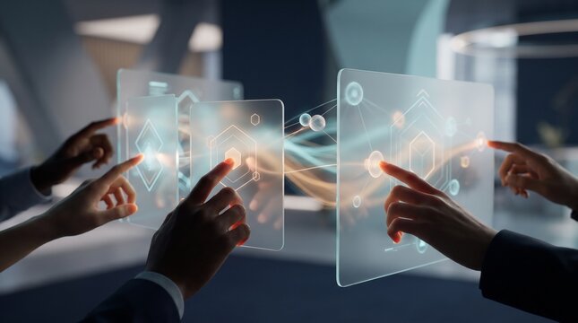 Hands interacting with futuristic holographic interfaces displaying data and connections