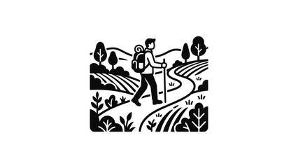 Obraz premium Backpacking hiker walking on scenic country path surrounded by nature and fields