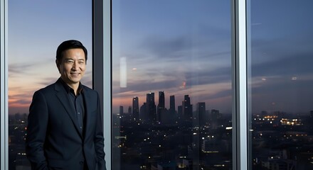 Fototapeta premium Confident male professional in dark business suit standing by floor-to-ceiling windows overlooking illuminated city skyline at dusk, suitable for corporate leadership and business success concepts.