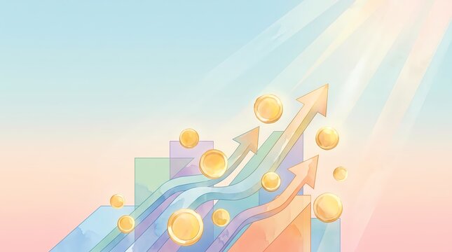 Watercolor illustration of an abstract financial growth concept, featuring upward arrows, gold coins, and rising bar charts