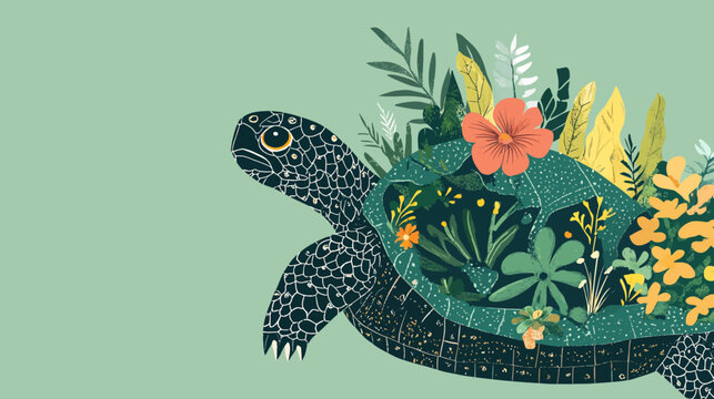 Stylized black turtle on green background with intricate shell adorned with vibrant plants, flowers, and foliage