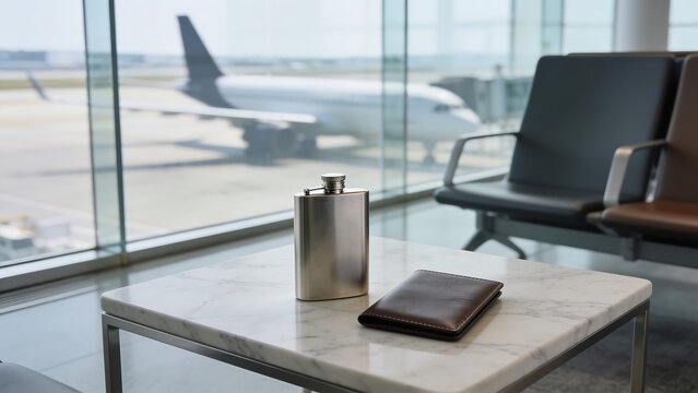 Hip Flask and Leather Wallet at Airport Terminal