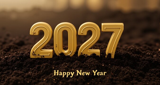 The year 2027 standing upright in rich, dark soil. Happy New Year, New Year
