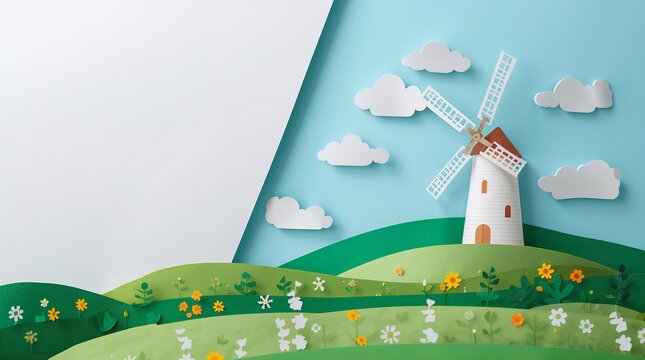 Paper cut windmill on layered green hills with flowers under blue sky renewable energy concept