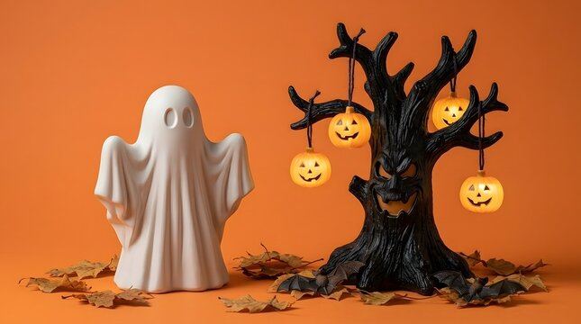 Halloween decorations with ghost and tree