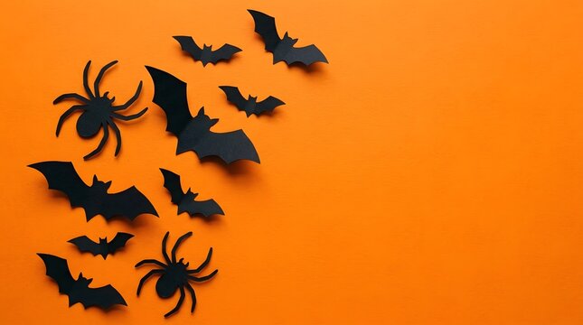 Halloween decorations flat lay black paper bats and spiders on vibrant orange background
