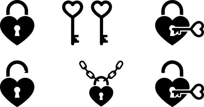 Heart shaped lock and key icons on white background