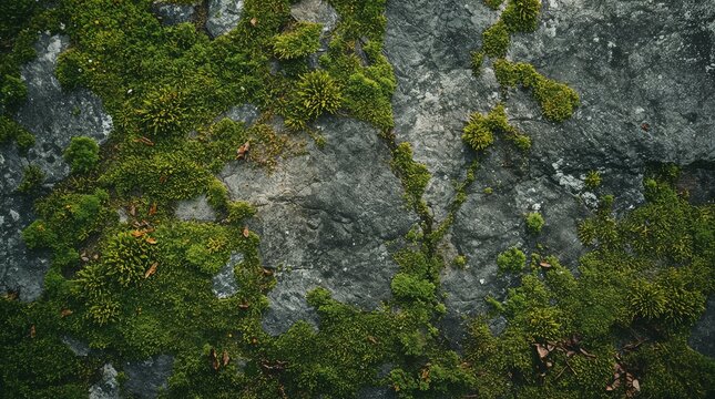 Green moss growing on weathered grey stone surface natural texture background