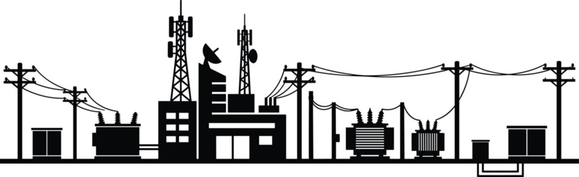Electrical utility infrastructure with communication towers, transformers, distribution lines, and power network vector illustration