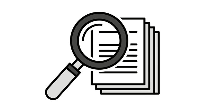 Magnifying glass over document pages.