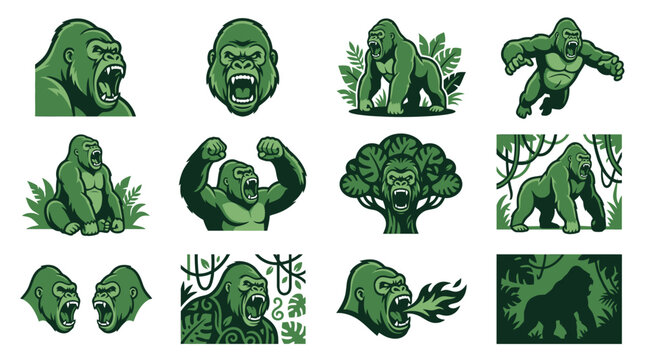 Creative gorilla character designs and expressive primate poses.