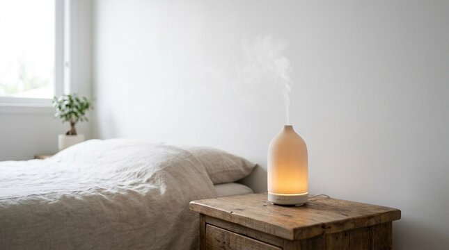 Aromatherapy Diffuser Misting on Wooden Bedside Table &ndash; Essential Oils Relaxation & Wellness Stock Photo